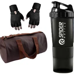Combo of Leatherite Brown Gym Bag With Side pocket , Black Gloves and black Spider Shaker Fitness Accessory Kit Kit-image-77