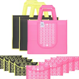 Pack of 12 Smile Foldable Grocery/Shopping Bags For Women | Black Yellow & Pink Pack of 12 Grocery Bags-image-63