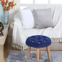 Shadowkart Blue & Beige Round Tufted Wooden Ottoman-image-72