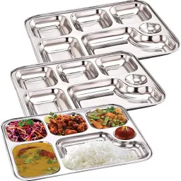 3 Stainless Steel Rectangular Bhojan Thali 6 Compartment Each Sectioned Plate Sectioned Plate-image-54