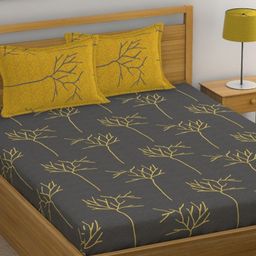 Huesland Grey & Yellow Floral 144 TC Cotton King Bedsheet With 2 Pillow Covers-image-32