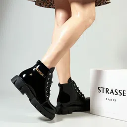 strasse paris Smart Casual Chain Detailed Patent Leather Black Boots For Women & Girls Boots For Women-picture-16