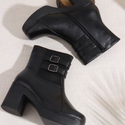 Women’s Black Double Buckle PU Ankle Boots | Partywear Stylish Block Heel Boots Boots For Women-image-4
