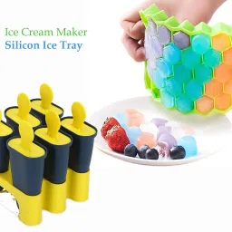 Combo Silicon Ice Tray & Plastic Set of 6 Kulfi Makers Multicolor Plastic Ice Cube Tray-4