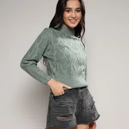 campus sutra Women Solid High Neck Green Sweater-picture-0