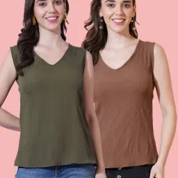 Casual Sleeveless Solid Women Green, Brown Top-image-97