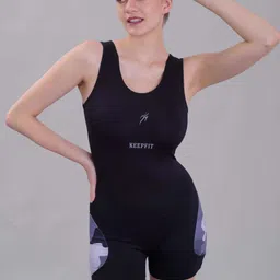 keepfit Women's one pc sleeveless Black & Grey round Colourblocked swimming legsuit Self Design Women Swim-dress Black Swimsuit-picture-34
