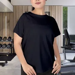 myo2 Women Solid Round Neck Reversible Polyester Black T-Shirt-picture-3