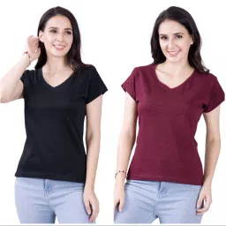Pack of 2 Women Solid V Neck Cotton Blend Black, Maroon T-Shirt-image-40