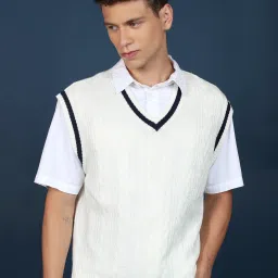 Men Solid V Neck White Sweater-image-9