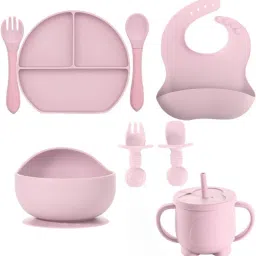 Set of 8 Baby Kid Feeding Dinner Set 1 Plate,2 Spoon,2 Fork,1 Bib,1 Cup,1 Bowl - Silicone-image-86