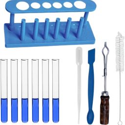 Chemistry 11 Items Kit - 6 Test Tubes, Stand, Holder, Brush, Dropper, Spatula Polypropylene Test Tube Rack-14