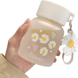 Daisy Frosted Glass Water Bottle with Lid Coffee Mug Cute Juice Jar Hot and Cold 350 ml Water Bottle-image-57