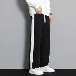 Men Loose Fit Black, White Polycotton Trousers-image-92