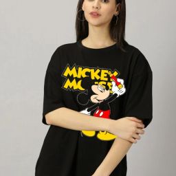 Women Printed Round Neck Cotton Blend Black T-Shirt-image-41