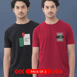 Pack of 2 Men Graphic Print Round Neck Cotton Blend Maroon, Black T-Shirt-picture-17