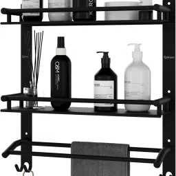 grivan 3 Layer Multipurpose bathroom shelf/rack, with double towel rod and 2 dual hooks BLACK MATTE Towel Holder image 4