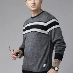 Men Striped Round Neck Black Sweater-image-65