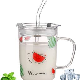 Printed Milk Glass Sipper Jar with Silicone Straw and Lid 1 PC 300ML Glass Glass Coffee Mug-6