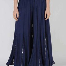 Women Flared Dark Blue Viscose Rayon Trousers-image-71