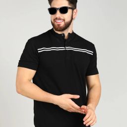 Men Striped Mandarin Collar Cotton Blend Black T-Shirt-image-24