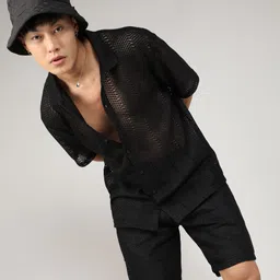 campus sutra Men Top & Shorts Set Black Self Design-picture-27