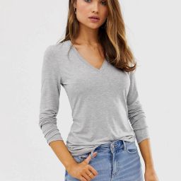 Women Solid V Neck Cotton Blend Grey T-Shirt-image-52