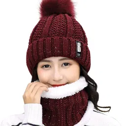 women cute winter woolen warm cap with scarf set (Inside Fur) for girls Beanie-30