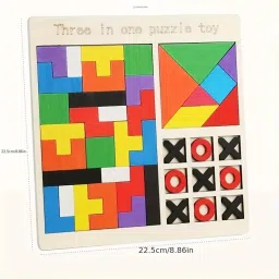 trendy appliances 3-in-1 Wooden Puzzle Board Set Tetris Block Game Tangram Tic Tac Toe Toy image 2