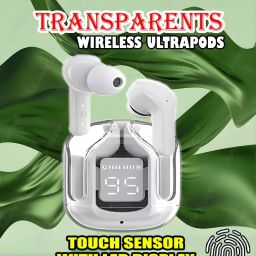 crecro Ultrapod Bluetooth Earbuds Headset Crystal Transparent Design,LED Display GR63 Smart Headphones-image-95
