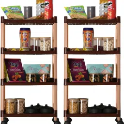 Pack of 2 Multipurpose 4-Layer Storage Trolley Rack with Wheels | Brown Plastic Kitchen Trolley-image-24