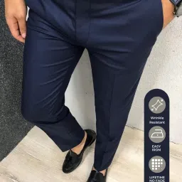 Men Regular Fit Dark Blue Cotton Blend Trousers-image-7