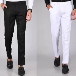 Pack of 2 Men Regular Fit Black, White Cotton Blend Trousers-image-18