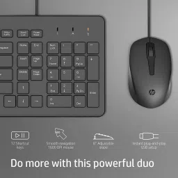 HP 150 Wired Keyboard and Optical Mouse Combo with 1600 DPI - (240J7AA) Wired USB Standard Desktop Keyboard Compatible with Desktop, Laptop, Mac stand support,multimedia_keys image 2