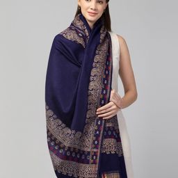 Tweedle Women Blue Jamawar Shawl with Frayed Hems-image-28