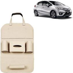 PU Leather Car Auto Seat Back Organizer Multi Pocket Travel Storage Bag with Hangers, Tissue Paper and Bottle Holder Beige For Jazz Car Multi Pocket-25