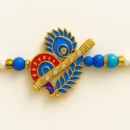 eklota Designer Flute & Peacock Feather Rakhi with Beads – Elegant Handcrafted Rakhi for Brother Mauli Thread Bracelet Set image 4