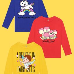NUSYL Girls Pack of 3 Blue & YellowPrinted T-shirt-image-81