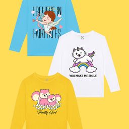 NUSYL Girls Pack of 3 Blue & Yellow Printed T-shirt-image-74