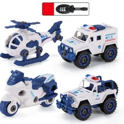 DIY Police Vehicle Set Toy Kids Assembling Helicopter Bike Jeep Security Van Toy-37