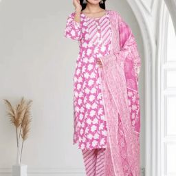 Women Cotton Blend Kurta Pyjama Dupatta Set-image-79