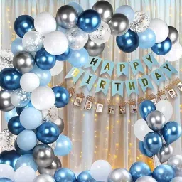 Solid Blue Happy Birthday Decoration kit items Combo with White Curtain & Led Light Balloon-16