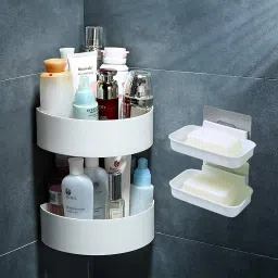 Plastic Multipurpose Kitchen Bathroom Soap Wall Holder Storage Rack Corner Shelf(Combo Shelves)(Multi Color) (2 Bathroom Soap Dish + 2 Corner Triangle Shelves) Plastic Bathroom Set (Pack of 4) Plastic Wall Shelf-image-65
