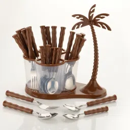 Customers 1st Choice 24 pcs Revolving Coconut Cutlery Set,Spoon Set With Stand(Brown) Stainless Steel, Plastic Cutlery Set-3