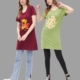 christy world Pack of 2 Women Printed Round Neck Pure Cotton Maroon, Light Green T-Shirt-picture-13