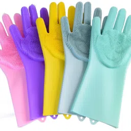 Dish Wash Gloves-Magic Silicone Dishwashing Gloves with Extended Scrubbers | Multipurpose Reusable Dish Wash Glove with Brush Bristles are Great for Kitchen, Bathroom, Pet Care (Multicolour) -Pack of 1 Pair Wet and Dry Glove-18