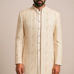 Shahi Achkan Royal Ivory Embroidered Sherwani – Elegance in Every Thread Floral Print, Printed, Embellished Sherwani-image-21