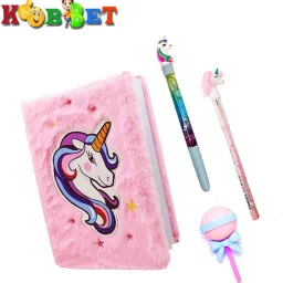 Unicorn Stationery set Combo-4Pcs A5 Fur Diary/Water Pen/Pencil and Cute Eraser-22