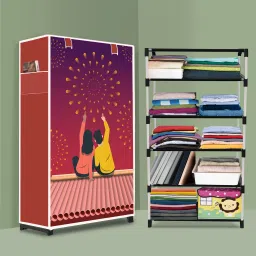 5 Shelf Foldable Collapsible Wardrobe Storage Organizer Almirah Cloth Rack Carbon Steel Collapsible Wardrobe-image-26