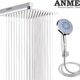 ANMEX COMBO of SS304 UltraSlim High Pressure Rainfall Shower Head With Shower Fit Arm HandShower (ABS),SS304 1.5mtr Tube And Hook 6X6+15Inch Arm+HandShower Set)-20